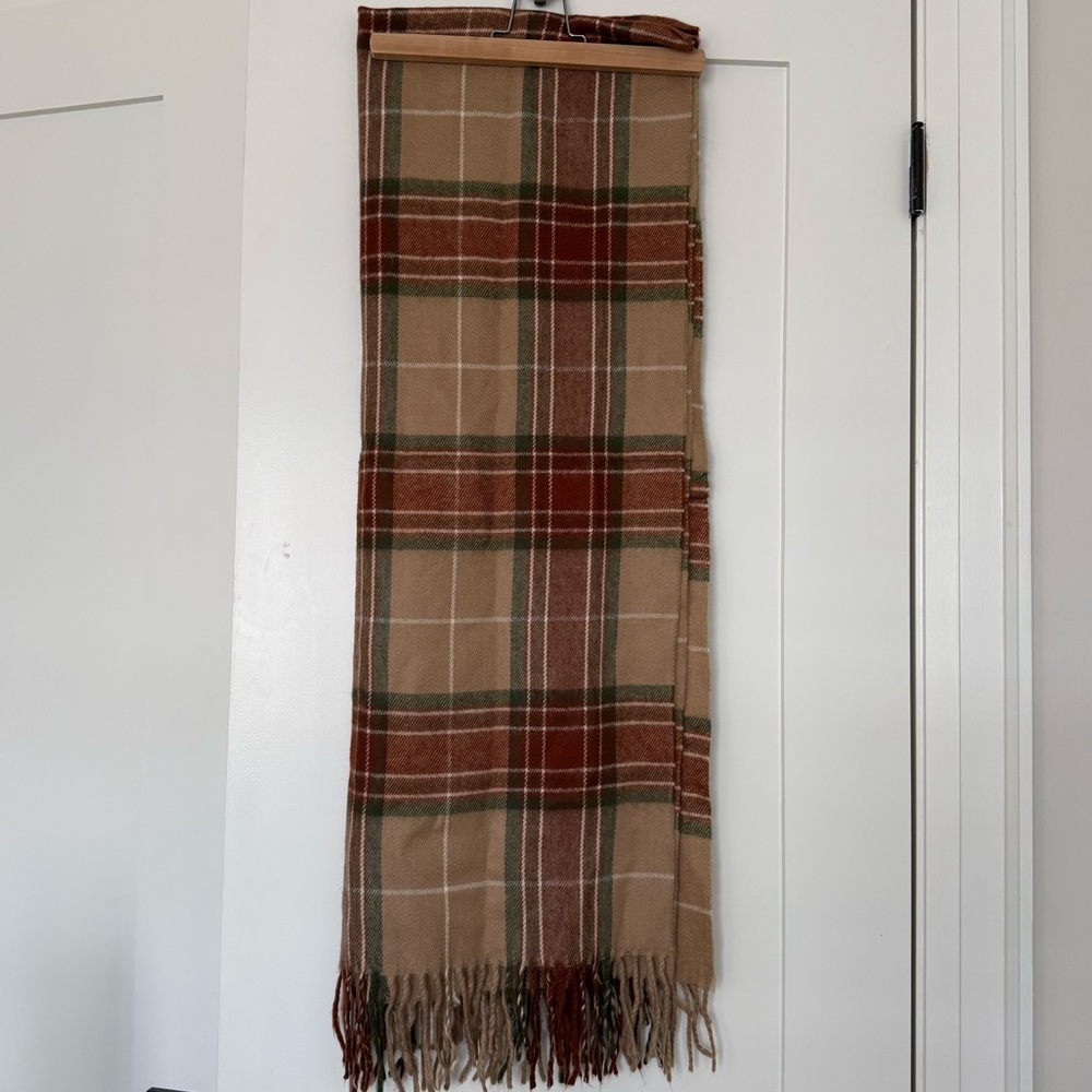 Spring Warm Neutral Preppy Cottagecore Plaid Fringe Scarf - 25”x68”